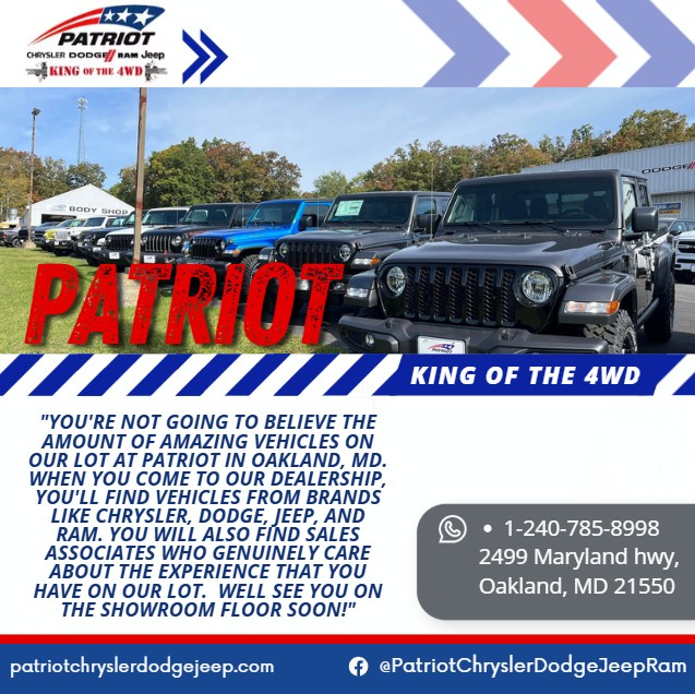 Todays Business Spotlight 🚗 is on Patriot Chrysler, Dodge, Jeep and Ram! 
Visit them at www.patriotchryslerdodgejeep.com or Patriot Chrysler Dodge Jeep Ram
Follow us to see more daily Garrett County Business Spotlights!
If you are interested in having your business featured contact Connor Norman at cnorman@garrettcountymd.gov. #BusinessDevelopment #garrettcountymd